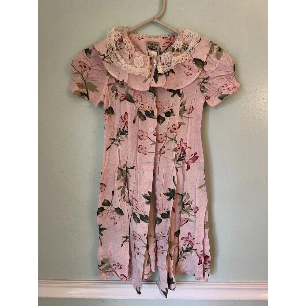 RACHEL’S KIDS Pink Floral 5 Tie Back Dress Garden Cottagecore‎ Vtg